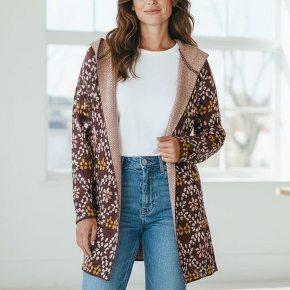 By Design Sweaters - By Design- NWT Brown Floral Patterned Cardigan Size Medium
